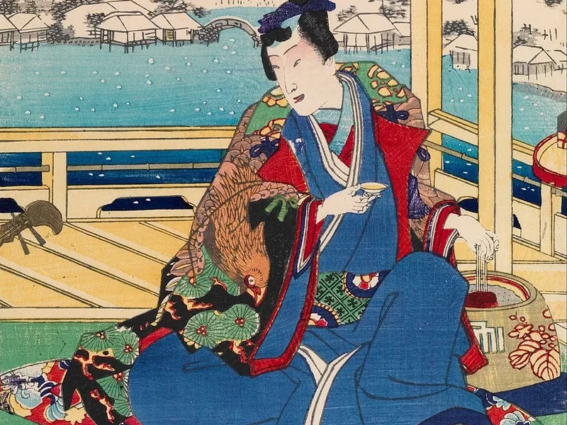 1835-Kunichika Toyohara - Genji osserva la neve da un balcone